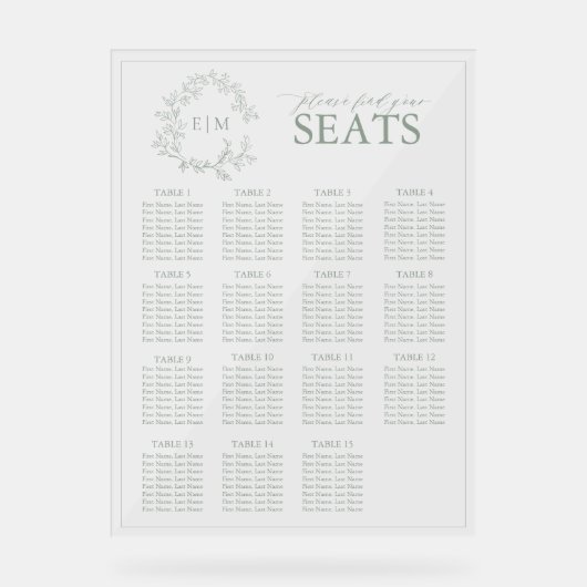 Sage Green Leafy Crest Monogram Weddenschap Acryl Bord (Voorkant)