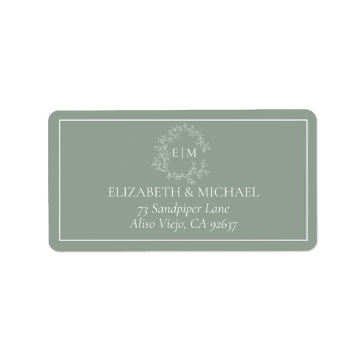 Sage Green Leafy Crest Monogram Weddenschap Adres Etiket (Voorkant)