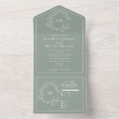 Sage Green Leafy Crest Monogram Weddenschap All In One Uitnodiging (Binnen)