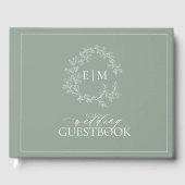 Sage Green Leafy Crest Monogram Weddenschap Boek (Voorkant)