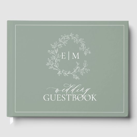 Sage Green Leafy Crest Monogram Weddenschap Boek (Voorkant)