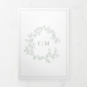 Sage Green Leafy Crest Monogram Weddenschap Drieluik Uitnodiging (Cover)