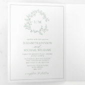 Sage Green Leafy Crest Monogram Weddenschap Drieluik Uitnodiging (Binnenzijde eerst)