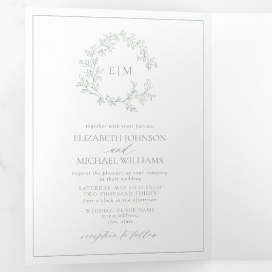 Sage Green Leafy Crest Monogram Weddenschap Drieluik Uitnodiging (Binnenzijde eerst)