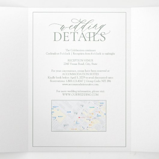 Sage Green Leafy Crest Monogram Weddenschap Drieluik Uitnodiging (Binnenkant midden)