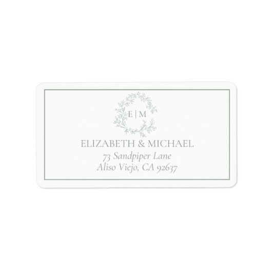 Sage Green Leafy Crest Monogram Weddenschap Etiket (Voorkant)