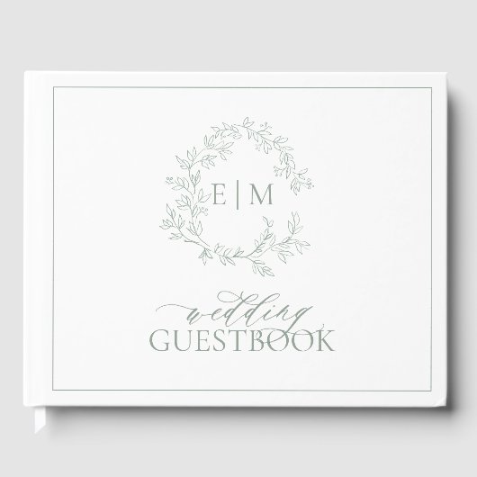 Sage Green Leafy Crest Monogram Weddenschap Gastenboek (Voorkant)