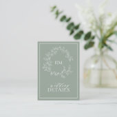 Sage Green Leafy Crest Monogram Weddenschap Informatiekaartje (Staand voorkant)
