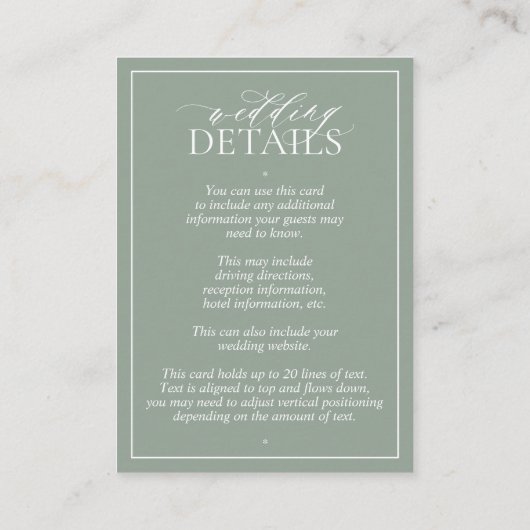 Sage Green Leafy Crest Monogram Weddenschap Informatiekaartje (Achterkant)