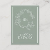 Sage Green Leafy Crest Monogram Weddenschap Informatiekaartje (Voorkant)