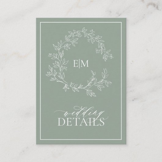Sage Green Leafy Crest Monogram Weddenschap Informatiekaartje (Voorkant)