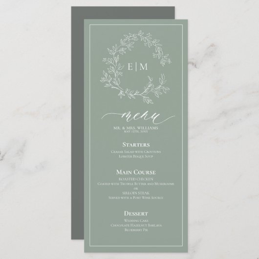 Sage Green Leafy Crest Monogram Weddenschap Menu (Voorkant / Achterkant)