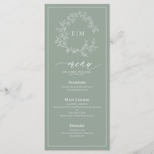Sage Green Leafy Crest Monogram Weddenschap Menu (Voorkant)