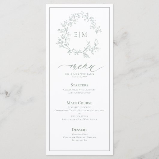 Sage Green Leafy Crest Monogram Weddenschap Menu (Voorkant)
