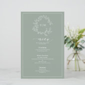 Sage Green Leafy Crest Monogram Weddenschap Menu (Staand voorkant)