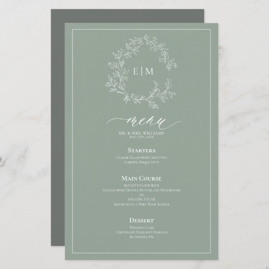 Sage Green Leafy Crest Monogram Weddenschap Menu (Voorkant / Achterkant)