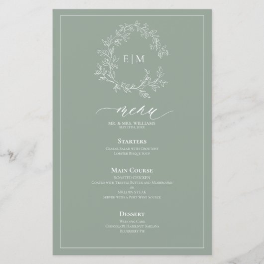 Sage Green Leafy Crest Monogram Weddenschap Menu (Voorkant)