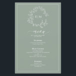 Sage Green Leafy Crest Monogram Weddenschap Menu<br><div class="desc">Creëer de perfecte receptie. We houden van deze trendy, moderne sage groene trouwmenu van 5, 5 x 8, 5 inch! Eenvoudig, elegant, en oh-zo-, hij is voorzien van een handgetekende leafy grot die een modern huwelijksmonogram omringt. Het is gepersonaliseerd in elegante typografie, en geaccentueerd met hand-briefed kalligrafie. Tot slot wordt...</div>