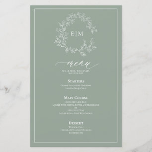 Sage Green Leafy Crest Monogram Weddenschap Menu