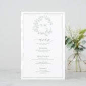Sage Green Leafy Crest Monogram Weddenschap Menu (Staand voorkant)