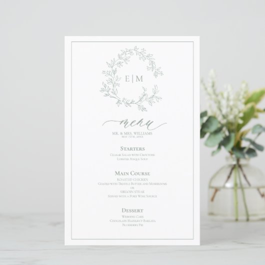 Sage Green Leafy Crest Monogram Weddenschap Menu (Staand voorkant)