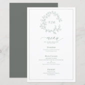 Sage Green Leafy Crest Monogram Weddenschap Menu (Voorkant / Achterkant)