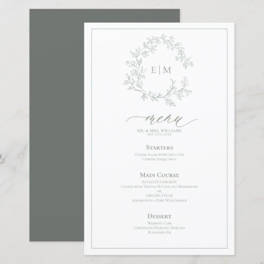 Sage Green Leafy Crest Monogram Weddenschap Menu (Voorkant / Achterkant)