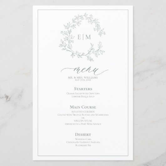 Sage Green Leafy Crest Monogram Weddenschap Menu (Voorkant)