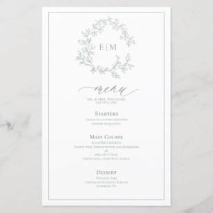 Sage Green Leafy Crest Monogram Weddenschap Menu