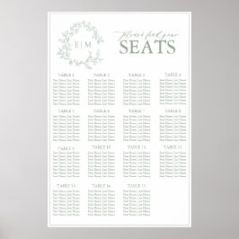 Sage Green Leafy Crest Monogram Weddenschap Poster