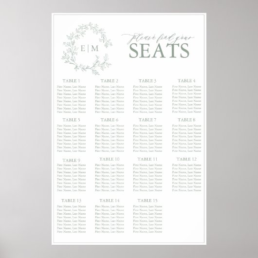 Sage Green Leafy Crest Monogram Weddenschap Poster (Voorkant)