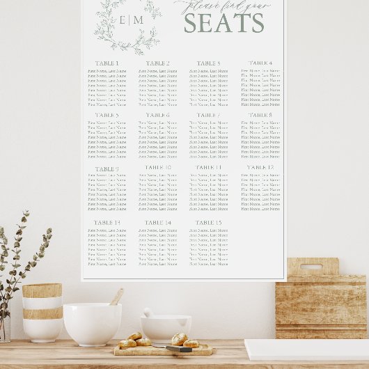 Sage Green Leafy Crest Monogram Weddenschap Poster (Keuken)