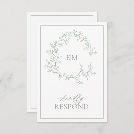 Sage Green Leafy Crest Monogram Weddenschap RSVP-k RSVP Kaartje (Voorkant / Achterkant)
