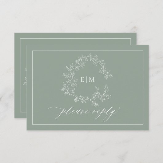 Sage Green Leafy Crest Monogram Weddenschap RSVP-k RSVP Kaartje (Voorkant / Achterkant)