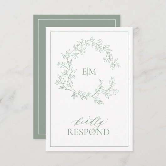 Sage Green Leafy Crest Monogram Weddenschap RSVP-k RSVP Kaartje (Voorkant / Achterkant)
