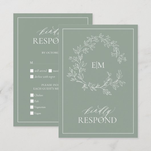 Sage Green Leafy Crest Monogram Weddenschap RSVP-k RSVP Kaartje (Voorkant / Achterkant)