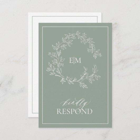 Sage Green Leafy Crest Monogram Weddenschap RSVP-k RSVP Kaartje (Voorkant / Achterkant)