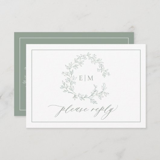 Sage Green Leafy Crest Monogram Weddenschap RSVP Kaartje (Voorkant / Achterkant)