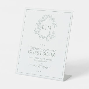 Sage Green Leafy Crest Monogram Wedding Guestbook Reclamebord Met Voetstuk