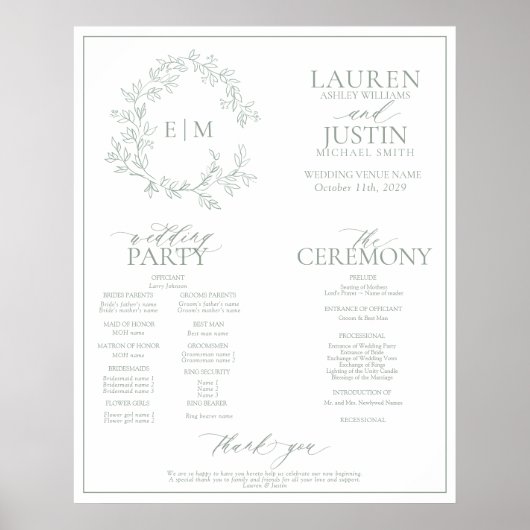 Sage Green Leafy Crest Monogram Wedding Program Po Poster (Voorkant)