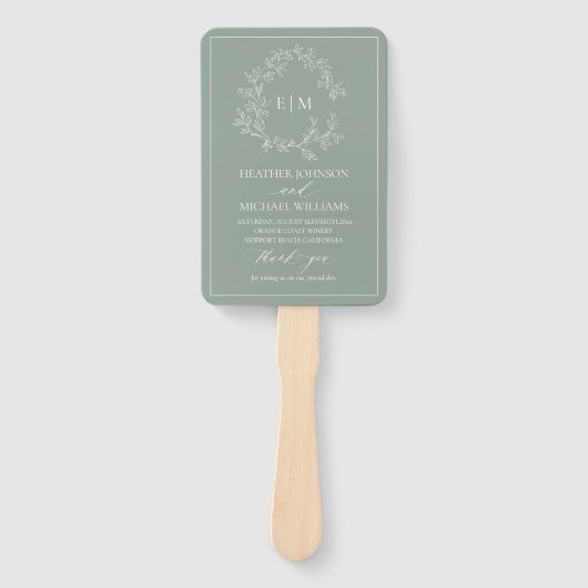Sage Green Leafy Crest Monogram Wedding Programme Handwaaier (Voorkant)