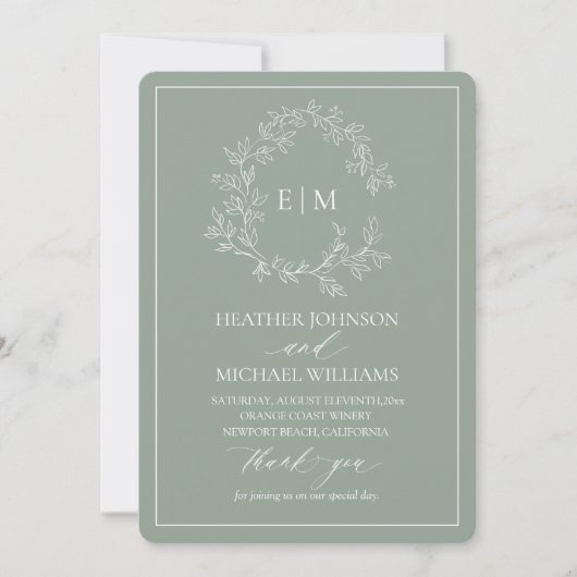 Sage Green Leafy Crest Monogram Wedding Programme Kaart (Voorkant)