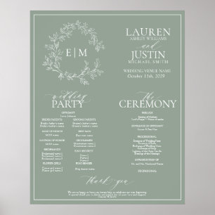 Sage Green Leafy Crest Monogram Wedding Programme Poster