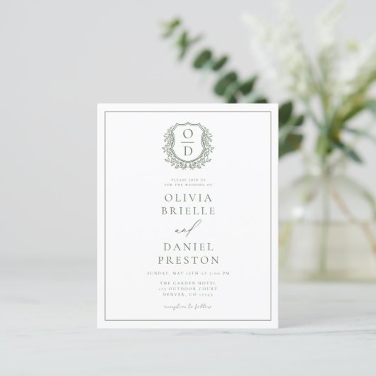 Sage Green Leafy Crest Monogram Wedding QR-code (Staand voorkant)