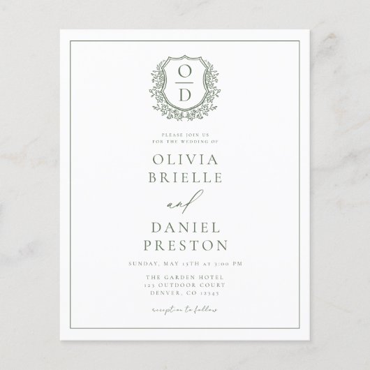 Sage Green Leafy Crest Monogram Wedding QR-code (Voorkant)