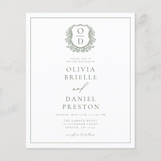 Sage Green Leafy Crest Monogram Wedding QR-code Flyer (Voorkant)