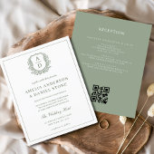 Sage Green Leafy Crest Monogram Wedding QR-code Flyer