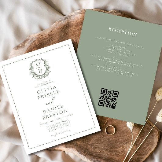 Sage Green Leafy Crest Monogram Wedding QR-code Flyer