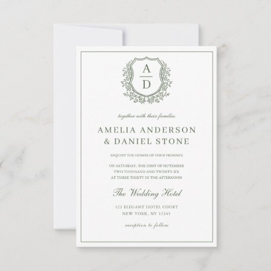Sage Green Leafy Crest Monogram Wedding QR-code Kaart (Voorkant)