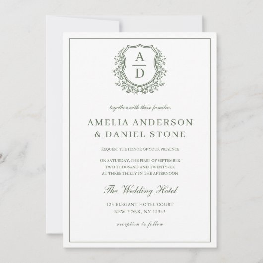 Sage Green Leafy Crest Monogram Wedding QR-code Kaart (Voorkant)